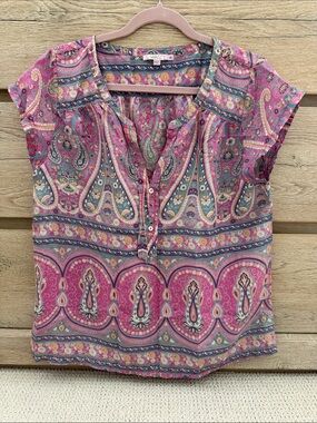 SILK Paisley V-Neck Cap Sleeve Blouse - Pink made in India